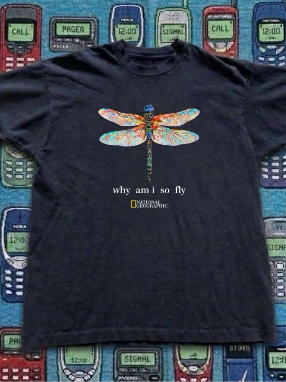 National Geographic Black Tee with Pastel Dragonfly Graphic